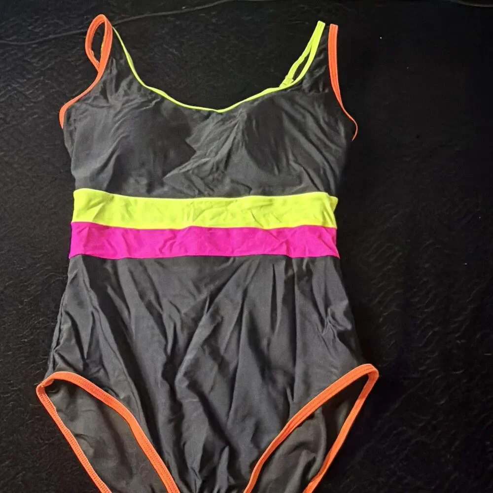 Popvil Women's Black Neon Colorblock One Piece Swimsuit Wide Straps, S